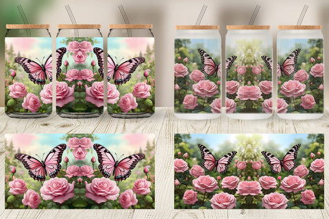 Glass Can Butterfly Pink and Flower Sublimation artnoy 