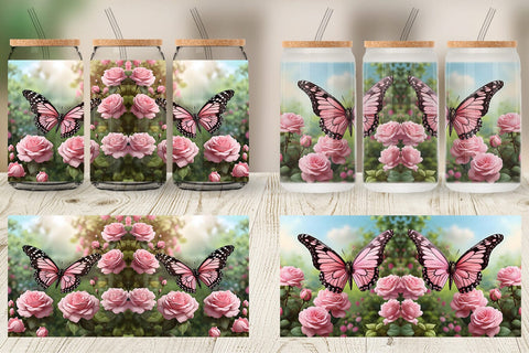 Glass Can Butterfly Pink and Flower Sublimation artnoy 