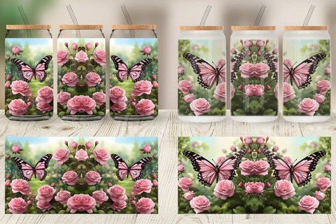 Glass Can Butterfly Pink and Flower Sublimation artnoy 