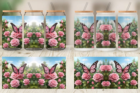 Glass Can Butterfly Pink and Flower Sublimation artnoy 
