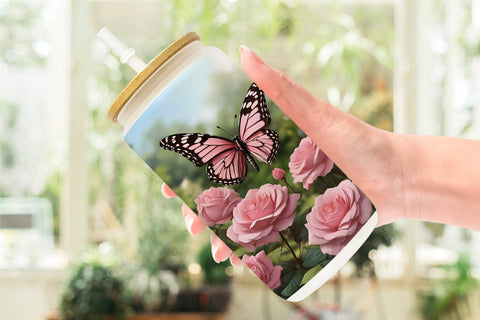 Glass Can Butterfly Pink and Flower Sublimation artnoy 