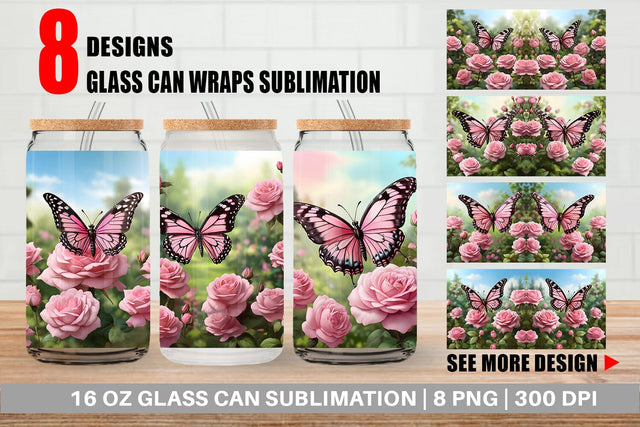 Glass Can Butterfly Pink and Flower Sublimation artnoy 