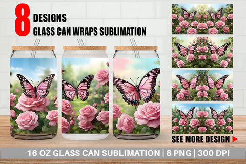 Glass Can Butterfly Pink and Flower Sublimation artnoy 