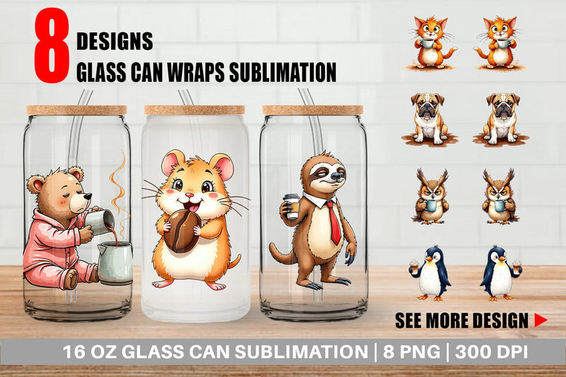 Glass Can Caffeinated Chaos Grumpy Animal Watercolors Sublimation artnoy 