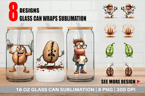 Glass Can Caffeinated Chaos Sarcastic Coffee Bean Characters Sublimation artnoy 
