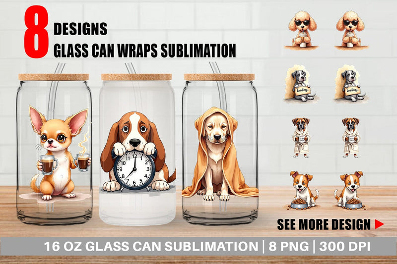 Glass Can Caffeine & Chaos Morning Mood Sarcastic Dogs Sublimation artnoy 
