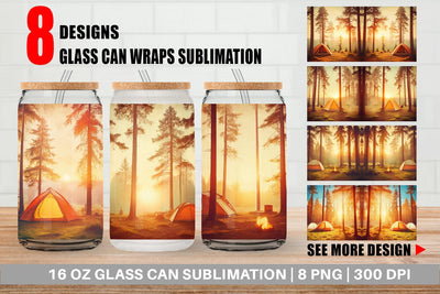 Glass Can Camping Forest Sunset Sublimation artnoy 