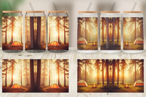 Glass Can Camping Forest Sunset Sublimation artnoy 