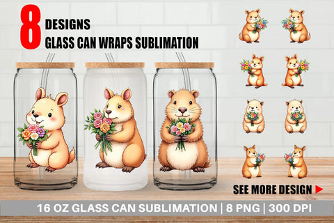Glass Can Capybara Spring Bouquet Sublimation artnoy 