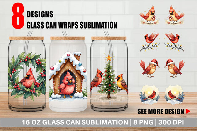 Glass Can Cardinal Christmas Bird Sublimation artnoy 