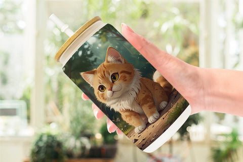Glass Can Cartoon Cat in Forest Sublimation artnoy 