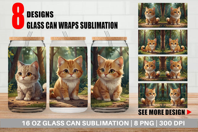 Glass Can Cartoon Cat in Forest Sublimation artnoy 