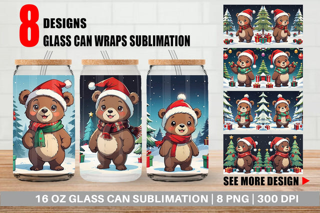Glass Can Cartoon Christmas Bear Sublimation artnoy 
