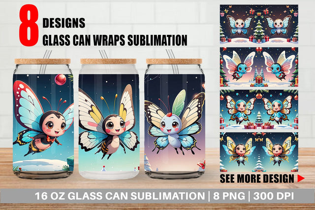 Glass Can Cartoon Christmas Butterfly Sublimation artnoy 