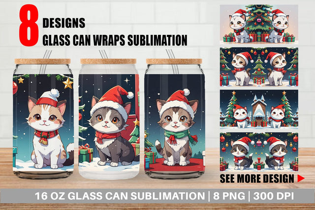 Glass Can Cartoon Christmas Cat Sublimation artnoy 