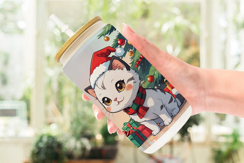 Glass Can Cartoon Christmas Cat Sublimation artnoy 