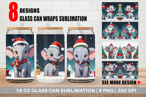 Glass Can Cartoon Christmas Elephant Sublimation artnoy 