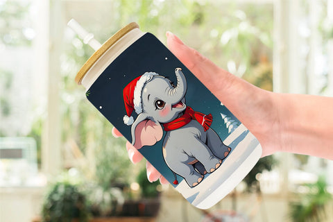 Glass Can Cartoon Christmas Elephant Sublimation artnoy 