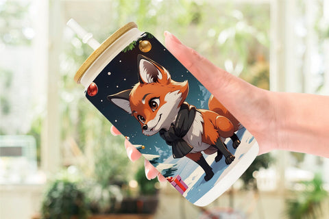 Glass Can Cartoon Christmas Fox Sublimation artnoy 