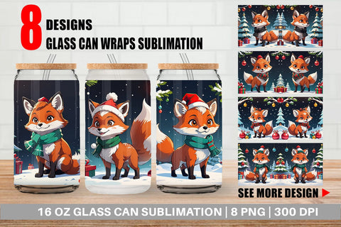 Glass Can Cartoon Christmas Fox Sublimation artnoy 