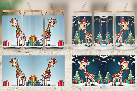 Glass Can Cartoon Christmas Giraffe Sublimation artnoy 