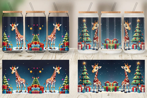 Glass Can Cartoon Christmas Giraffe Sublimation artnoy 