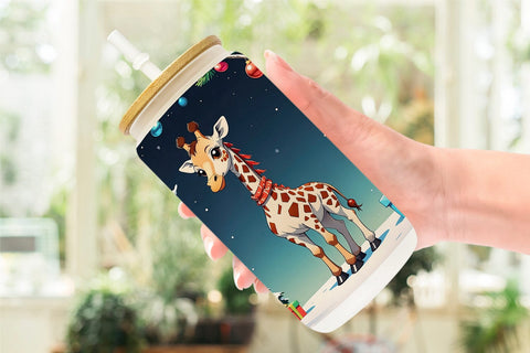 Glass Can Cartoon Christmas Giraffe Sublimation artnoy 