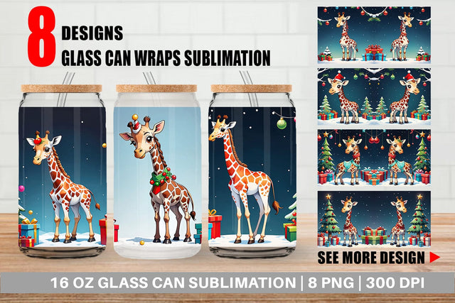 Glass Can Cartoon Christmas Giraffe Sublimation artnoy 
