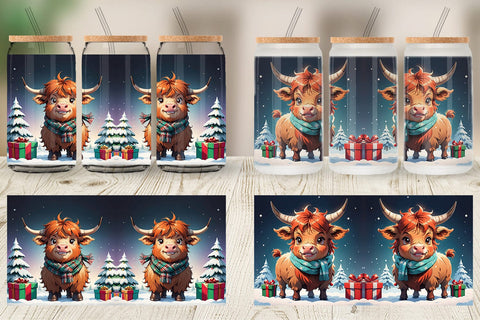 Glass Can Cartoon Christmas Highland Cow Sublimation artnoy 