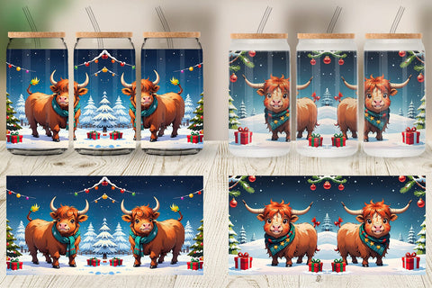 Glass Can Cartoon Christmas Highland Cow Sublimation artnoy 