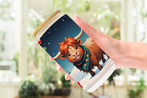 Glass Can Cartoon Christmas Highland Cow Sublimation artnoy 