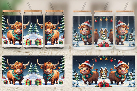 Glass Can Cartoon Christmas Highland Cow Sublimation artnoy 
