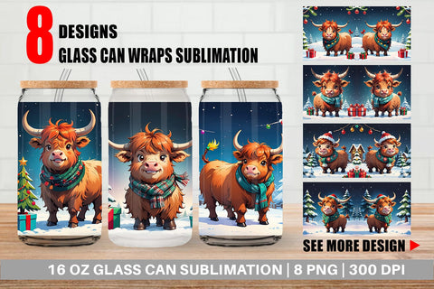 Glass Can Cartoon Christmas Highland Cow Sublimation artnoy 