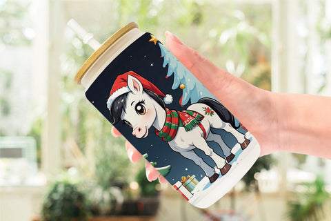 Glass Can Cartoon Christmas Horse Sublimation artnoy 