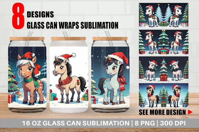 Glass Can Cartoon Christmas Horse Sublimation artnoy 