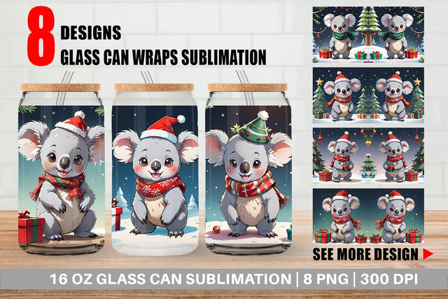Glass Can Cartoon Christmas Koala Sublimation artnoy 