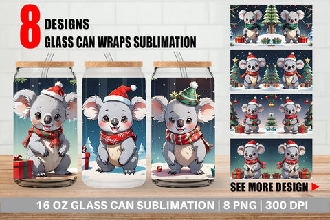 Glass Can Cartoon Christmas Koala Sublimation artnoy 