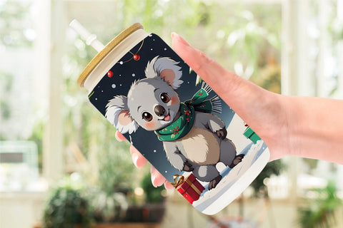 Glass Can Cartoon Christmas Koala Sublimation artnoy 