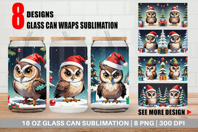 Glass Can Cartoon Christmas Owl Sublimation artnoy 
