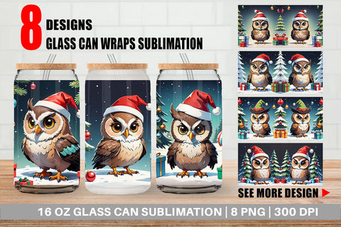 Glass Can Cartoon Christmas Owl Sublimation artnoy 