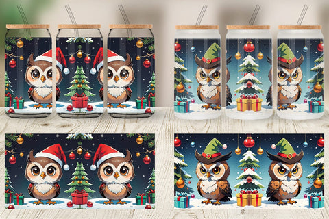 Glass Can Cartoon Christmas Owl Sublimation artnoy 