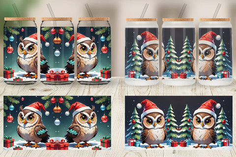 Glass Can Cartoon Christmas Owl Sublimation artnoy 