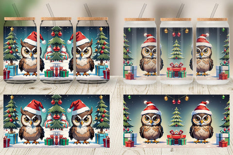 Glass Can Cartoon Christmas Owl Sublimation artnoy 