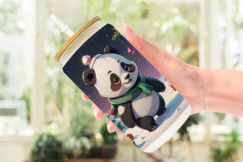 Glass Can Cartoon Christmas Panda Sublimation artnoy 