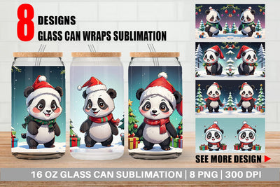 Glass Can Cartoon Christmas Panda Sublimation artnoy 
