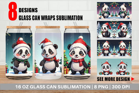 Glass Can Cartoon Christmas Panda Sublimation artnoy 