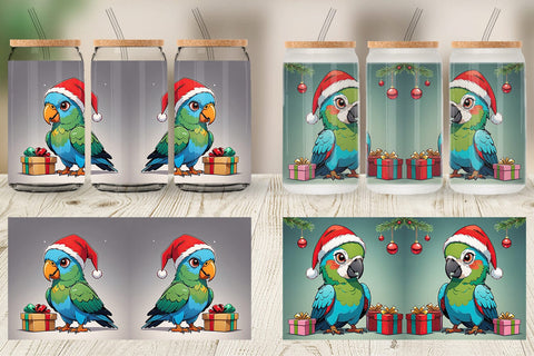 Glass Can Cartoon Christmas Parrot Sublimation artnoy 