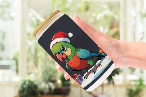 Glass Can Cartoon Christmas Parrot Sublimation artnoy 