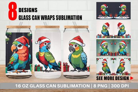 Glass Can Cartoon Christmas Parrot Sublimation artnoy 