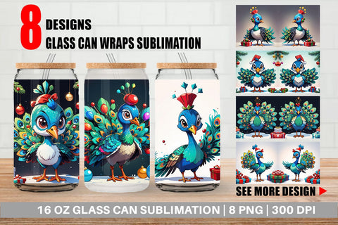 Glass Can Cartoon Christmas Peacock Sublimation artnoy 